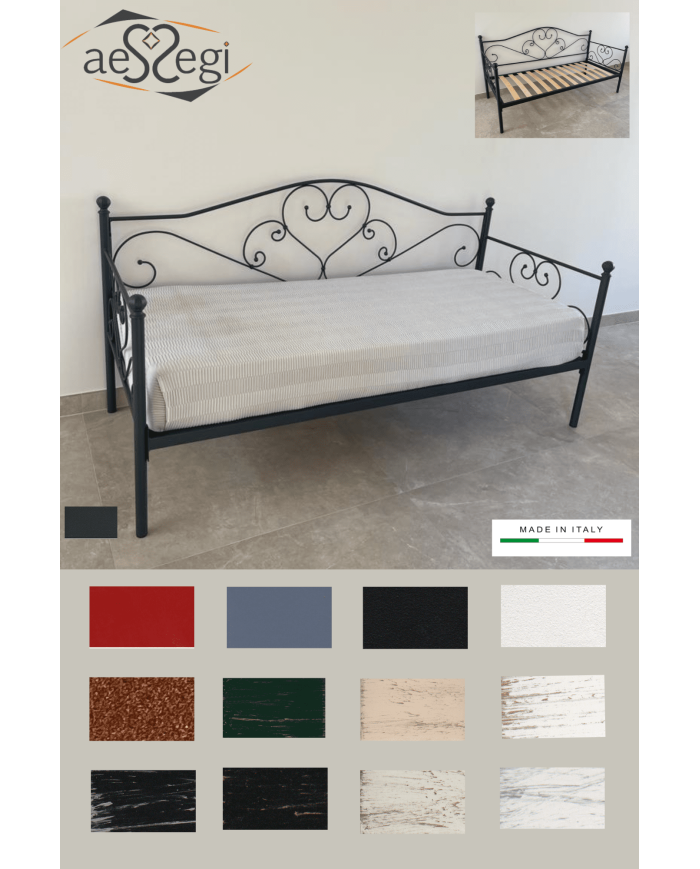 Divano letto Sogno in ferro battuto, soluzione elegante con rete fissa artigianale