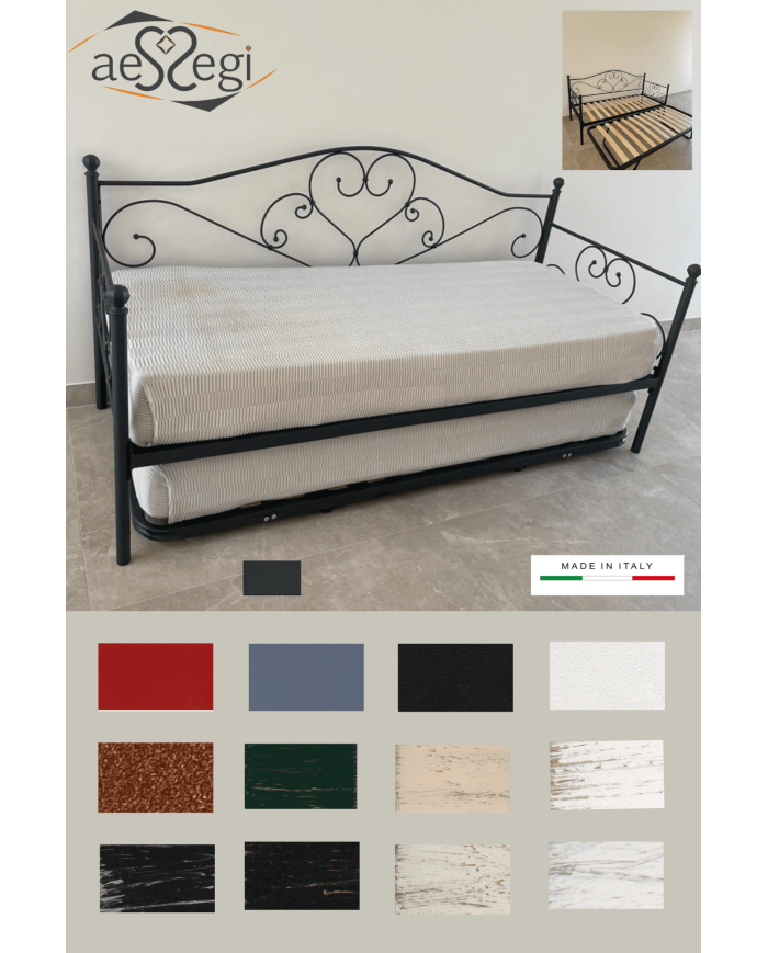Divano letto Sogno in ferro battuto con rete estraibile, perfetto per doppio utilizzo quotidiano