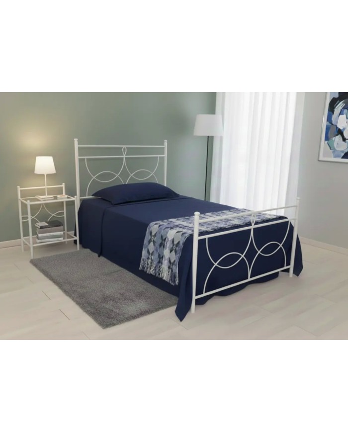 Letto alla francese Marianne in ferro battuto artigianale, finitura bianco opaco satinato, per rete 140x190.