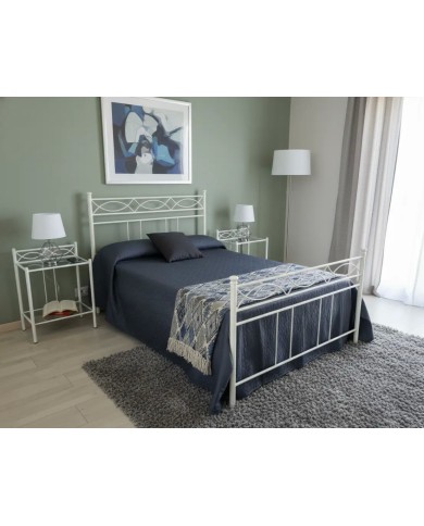 Letto alla francese Rosa Anna in ferro battuto artigianale, finitura Bianco opaco satinato, per rete 140x190.