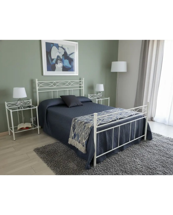 Letto alla francese Rosa Anna in ferro battuto artigianale, finitura Bianco opaco satinato, per rete 140x190.