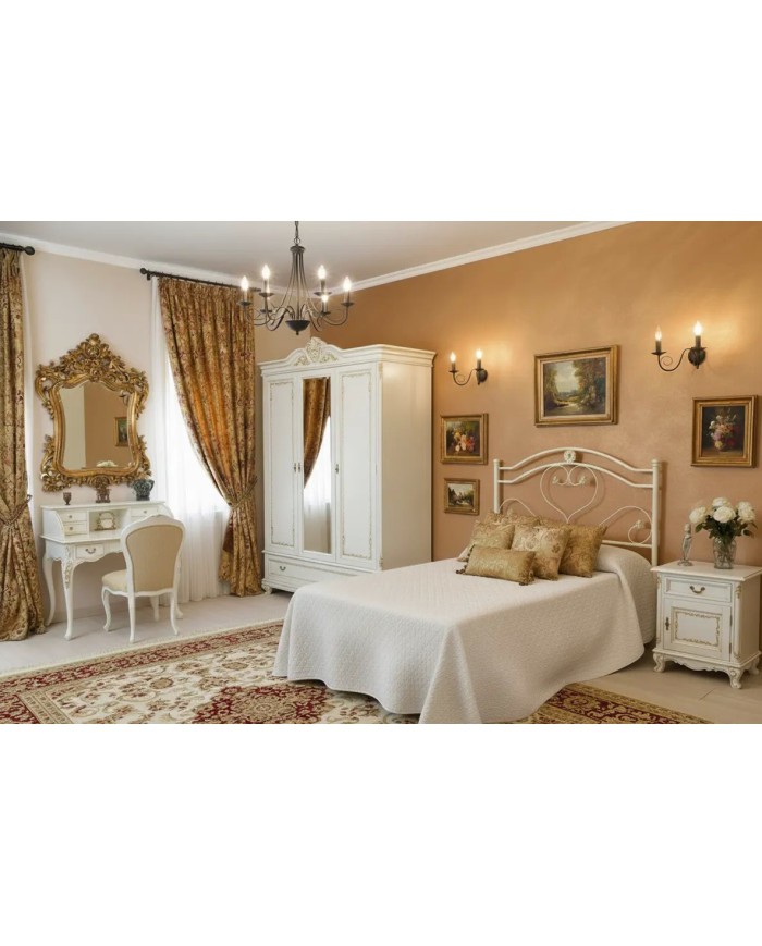 Testata letto alla francese Cuore in ferro battuto artigianale con giroletto, finitura Bianco oro, per rete 140x190