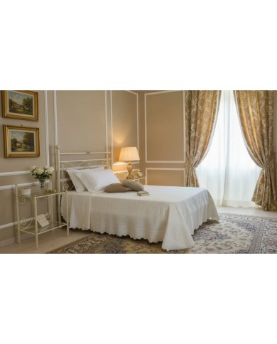 Testata letto alla francese Mimosa in ferro battuto artigianale con giroletto, finitura Avorio oro, per rete 140x190.