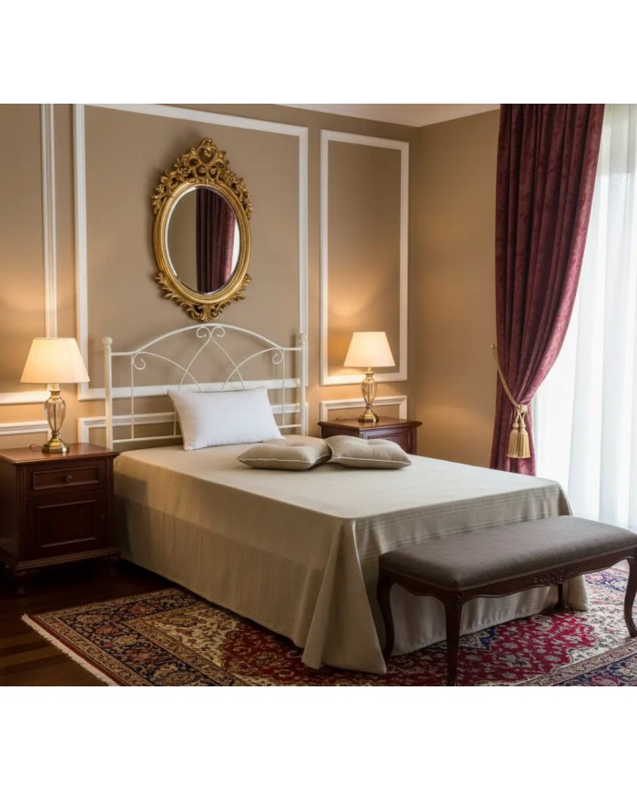 Testata letto una piazza e mezza Denise in ferro battuto artigianale con giroletto, finitura Bianco oro, per rete 120x190.