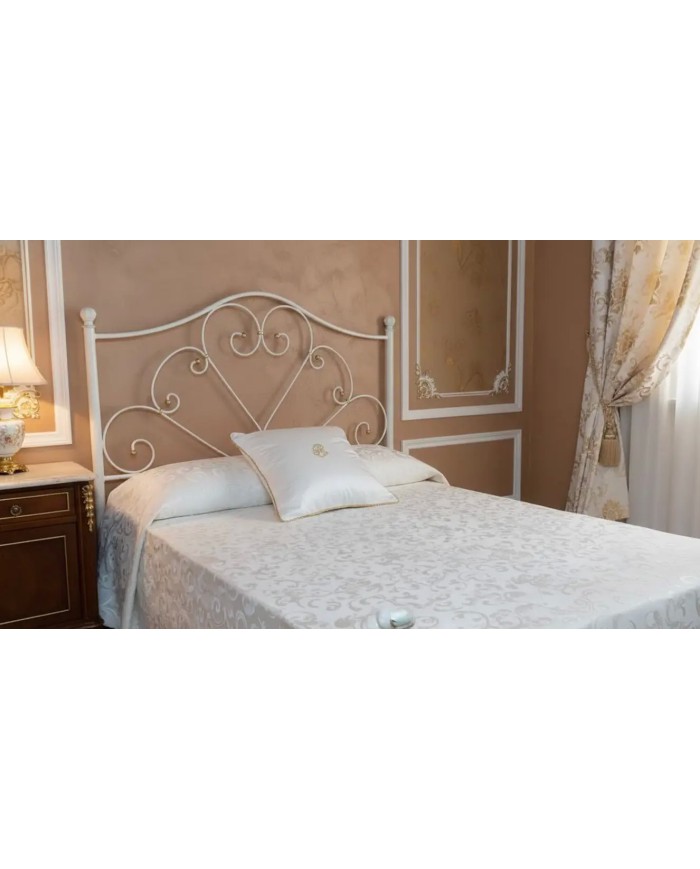 Testata letto alla francese Sogno in ferro battuto artigianale con giroletto, finitura Bianco oro, per rete 140x190.