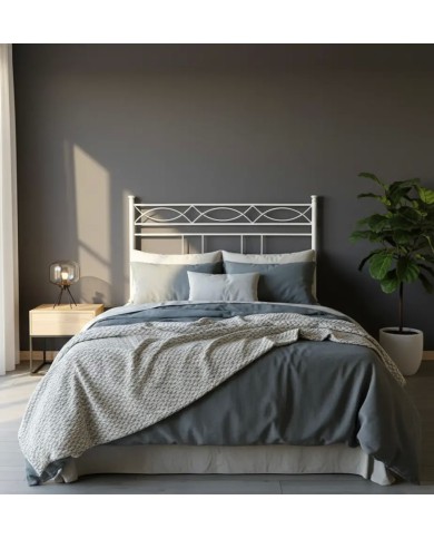 Testata letto alla francese Rosa Anna in ferro battuto con giroletto, finitura Bianco opaco satinato, per rete 140x190.