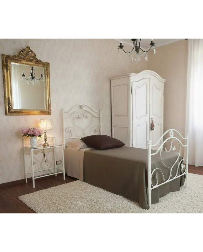 Letto singolo Cuore in ferro battuto artigianale, Avorio oro, per rete 80x190 cm. Made in Italy.