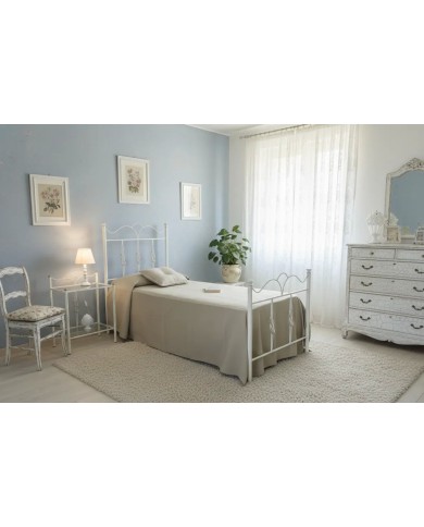 Letto singolo Fiocco in ferro battuto artigianale, finitura Bianco oro, per rete 80x190 cm. Made in Italy.
