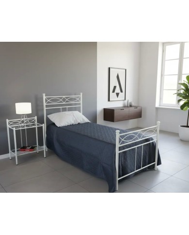 Letto singolo Rosa Anna in ferro battuto artigianale, finitura Bianco opaco satinato, per rete 80x190 cm. Design romantico.