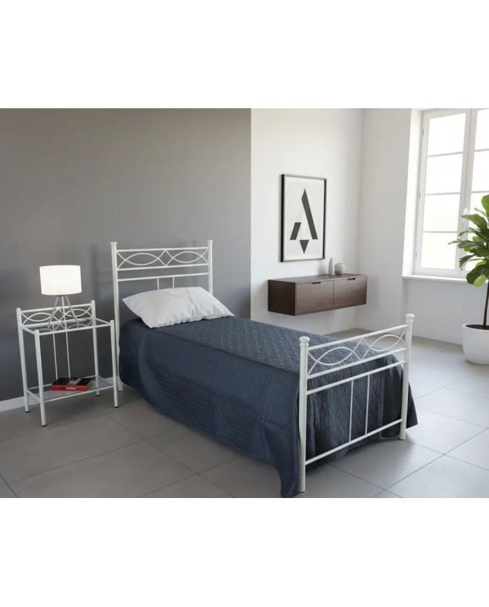 Letto singolo Rosa Anna in ferro battuto artigianale, finitura Bianco opaco satinato, per rete 80x190 cm. Design romantico.