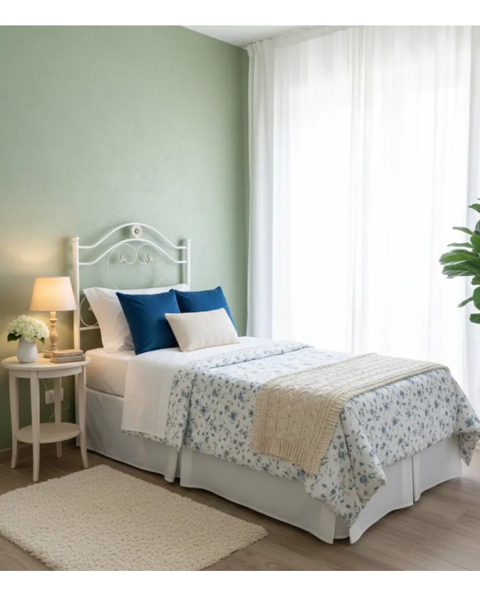 Testata Letto Singolo Cuore in ferro battuto artigianale, finitura Bianco oro. Include giroletto per rete 80x190 cm.