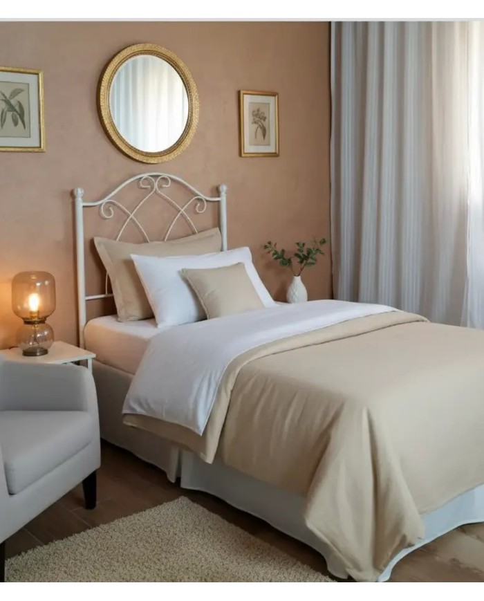 Testata Letto Singolo Denise in ferro battuto artigianale, finitura Bianco oro. Completa di giroletto per rete 80x190 cm.