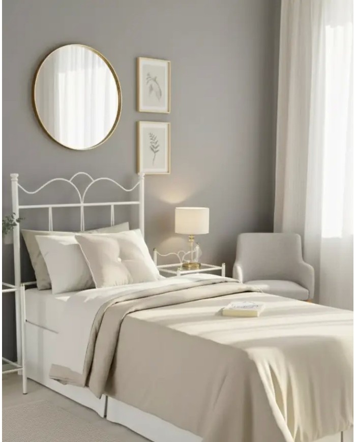 Testata Letto Singolo Fiocco in ferro battuto artigianale, finitura Bianco oro. Include giroletto per rete 80x190 cm.