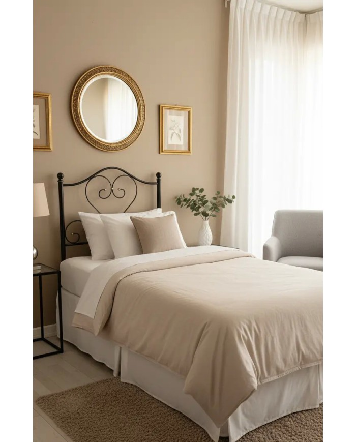 Testata Letto Singolo Sogno in ferro battuto artigianale, finitura Nero RAL 9005 decorato oro. Con giroletto per rete 80x190 cm.