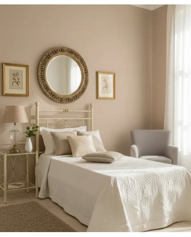 Testata Letto Singolo Mimosa in ferro battuto artigianale, finitura Avorio oro. Completa di giroletto per rete 80x190 cm.