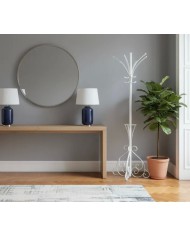 Appendiabiti da terra artigianale in ferro battuto con portaombrelli integrato, finitura Bianco opaco. Made in Italy.