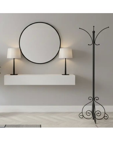 Appendiabiti da terra in ferro battuto (H 180 cm), finitura Nero opaco. Solido accessorio, design elegante, Made in Italy.