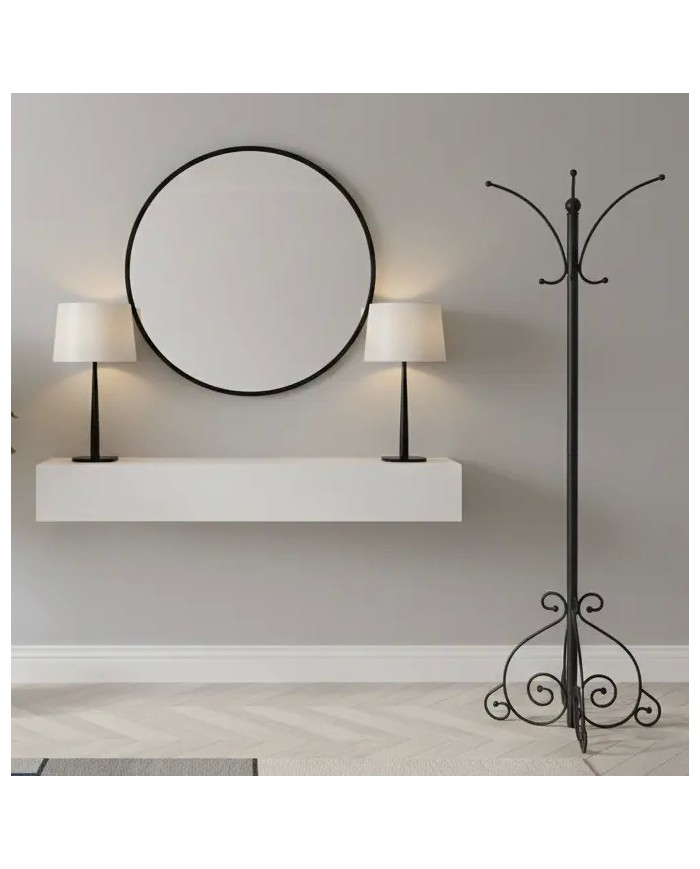 Appendiabiti da terra in ferro battuto (H 180 cm), finitura Nero opaco. Solido accessorio, design elegante, Made in Italy.