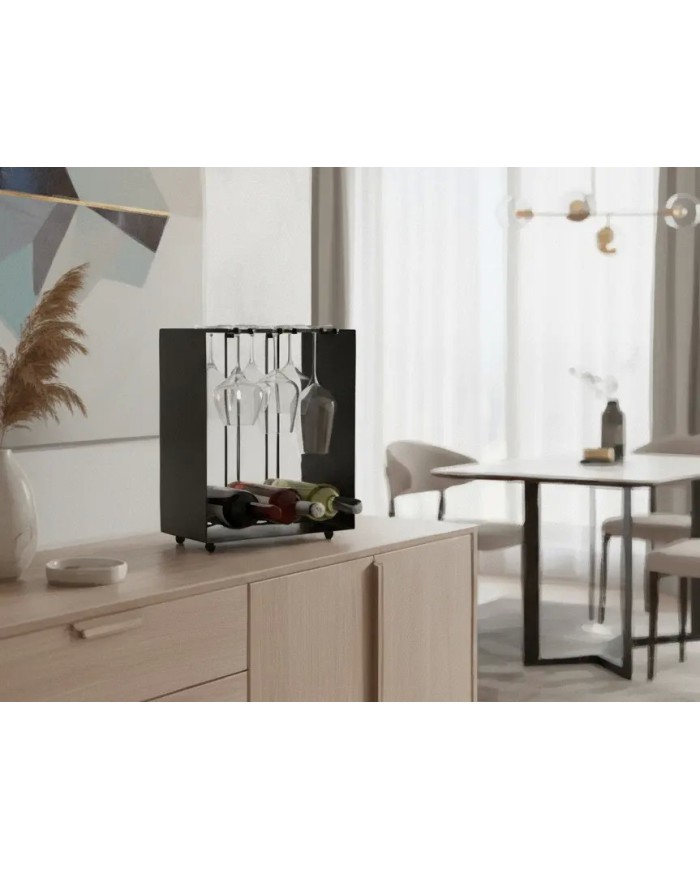 Cantinetta portabottiglie e bicchieri artigianale in metallo, finitura Nero. Accessorio elegante (36x22x44 cm)  Made in Italy.