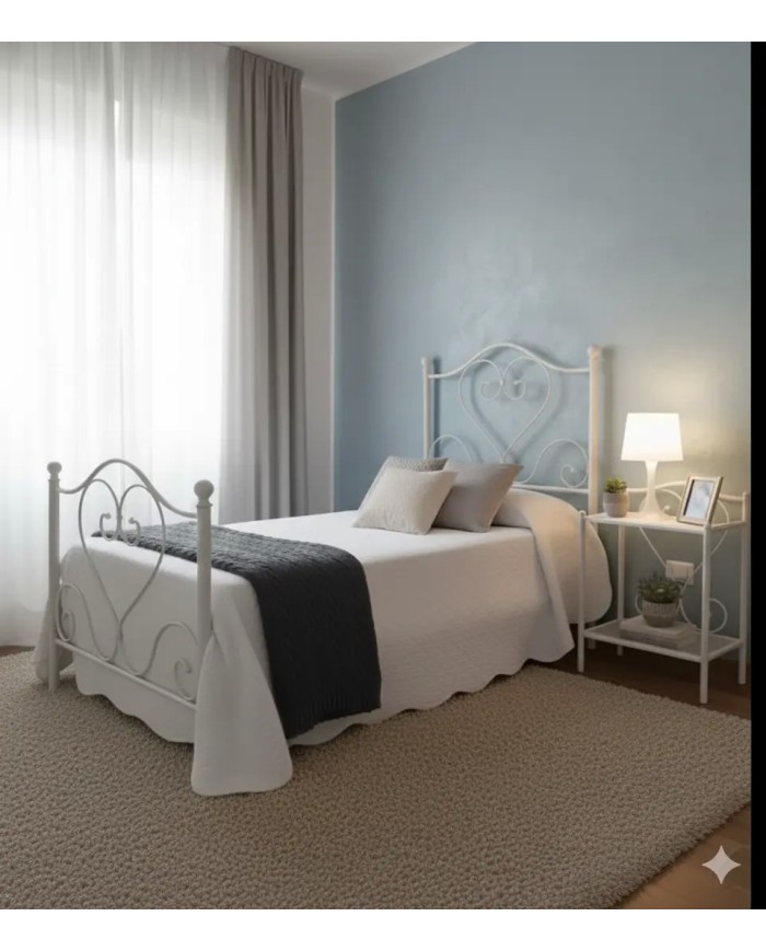 Letto singolo Sogno in ferro battuto artigianale, finitura Bianco opaco satinato, per rete 80x190 cm. Made in Italy.