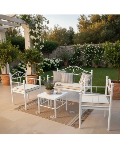 Set salottino Valentina in ferro battuto artigianale, 1 divanetto, 2 poltrone 1 tavolino. Bianco. Resistente per esterno.
