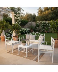 Set salottino Valentina in ferro battuto artigianale, 1 divanetto, 2 poltrone 1 tavolino. Bianco. Resistente per esterno.