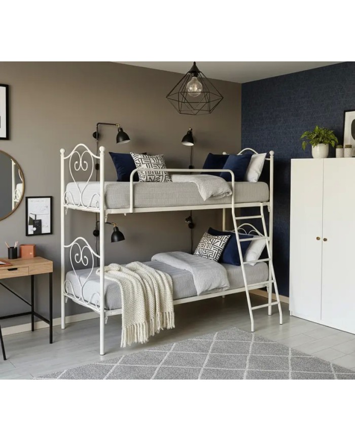 Letto a castello Sogno in ferro battuto. Avorio e Oro, design classico.