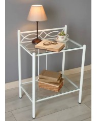 Comodino Rosa Anna in ferro battuto artigianale, finitura Bianco opaco, con doppio ripiano in vetro. Prodotto Made in Italy.