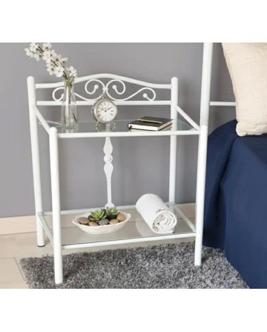 Comodino Damasco in ferro battuto artigianale, finitura Bianco opaco satinato , con doppio ripiano in vetro trasparente.