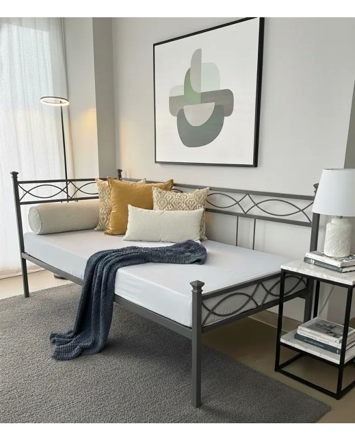 Dormeuse artigianale Rosa Anna in ferro battuto Antracite 80x190. Elegante divano, comodo letto singolo.