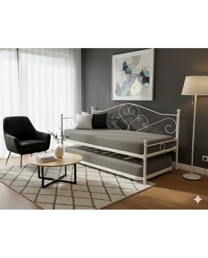 Dormeuse Sogno in ferro battuto, Bianco Opaco. Divano singolo/letto doppio grazie alla rete estraibile