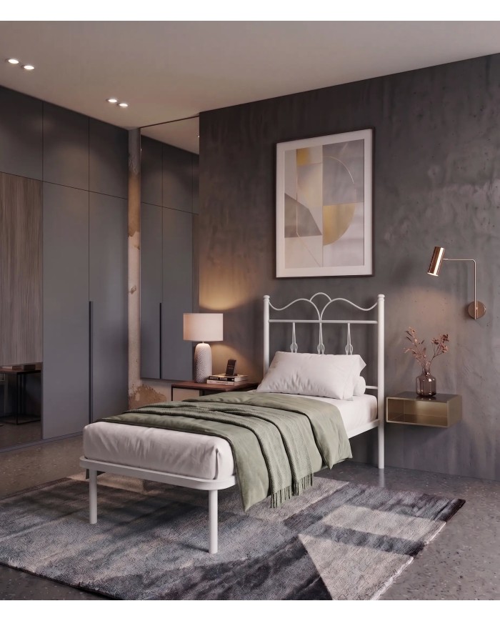 Letto singolo Fiocco, bianco in ferro battuto personalizzabile per varie misure di materasso e in vari colori