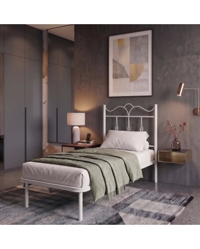 Letto singolo Fiocco, bianco in ferro battuto personalizzabile per varie misure di materasso e in vari colori